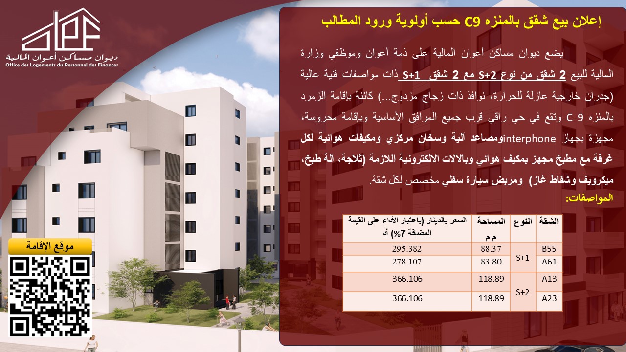 إعلان بيع شقق بالمنزه C9 حسب أولوية ورود المطالب