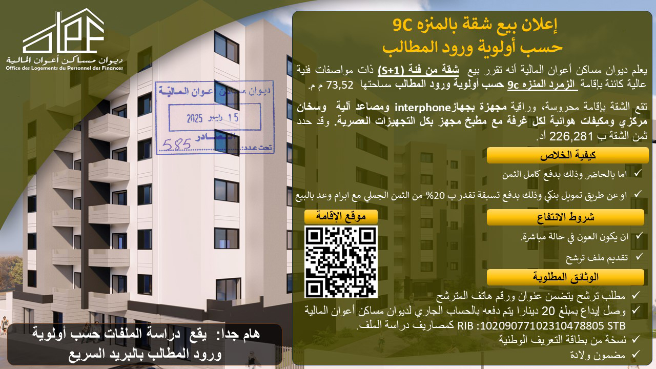 إعلان بيع شقق بالمنزه 9 بإقامة الزمرد حسب الأولوية